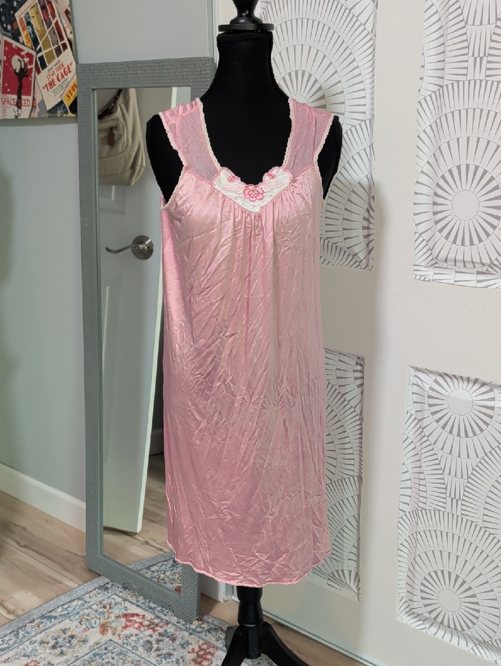 Vintage Silky Pink Lace-Trim Nightgown